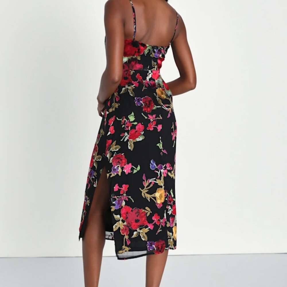 Lulus Black Floral Burnout Sleeveless Midi Cocktail Dress Medium Date Night NEW - Picture 3 of 12